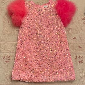 Pink Sequin Dress with Furry Sleeves